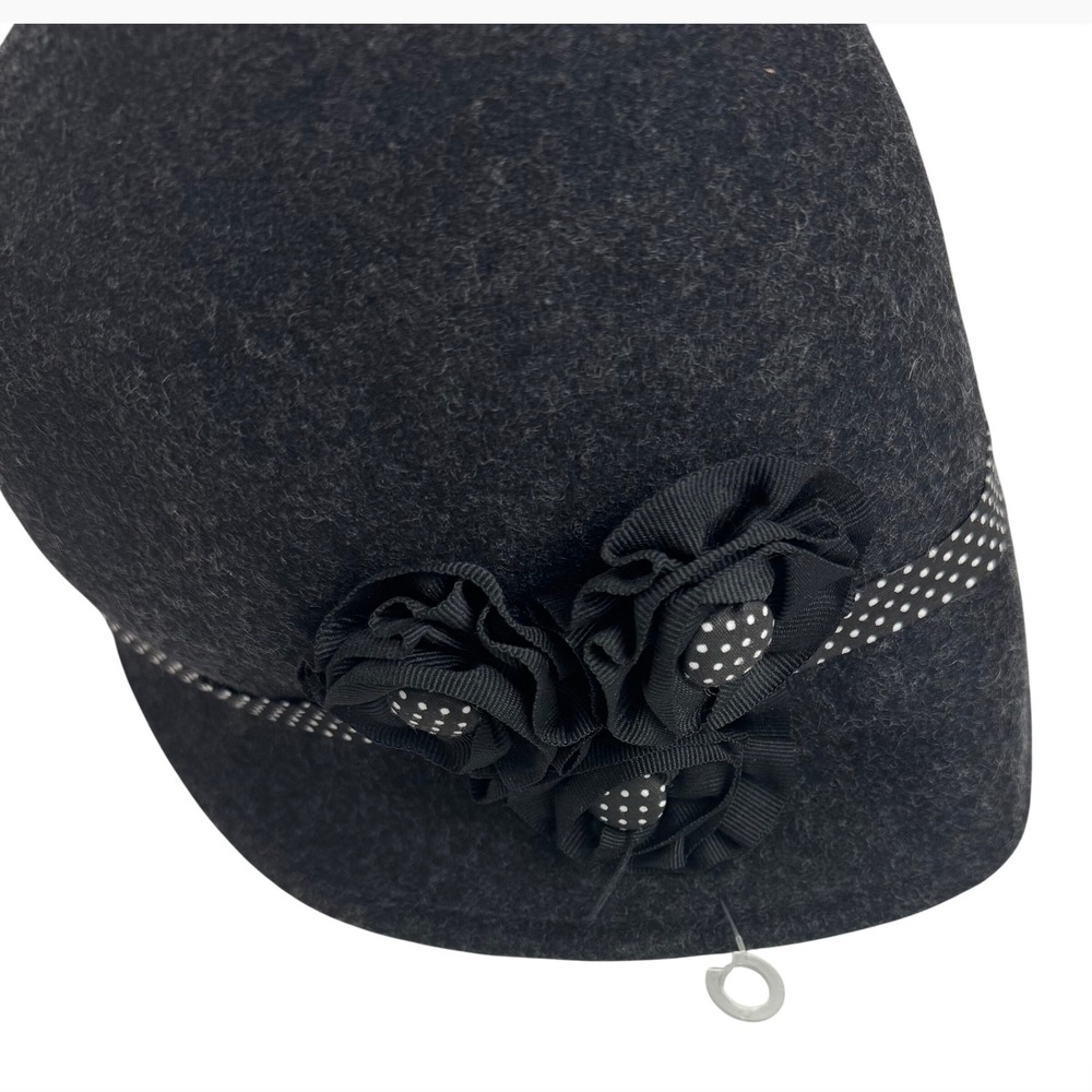 Scala Dorfman Pacific Wool Cloche Hat Grey Polka Dot Ribbon Flower